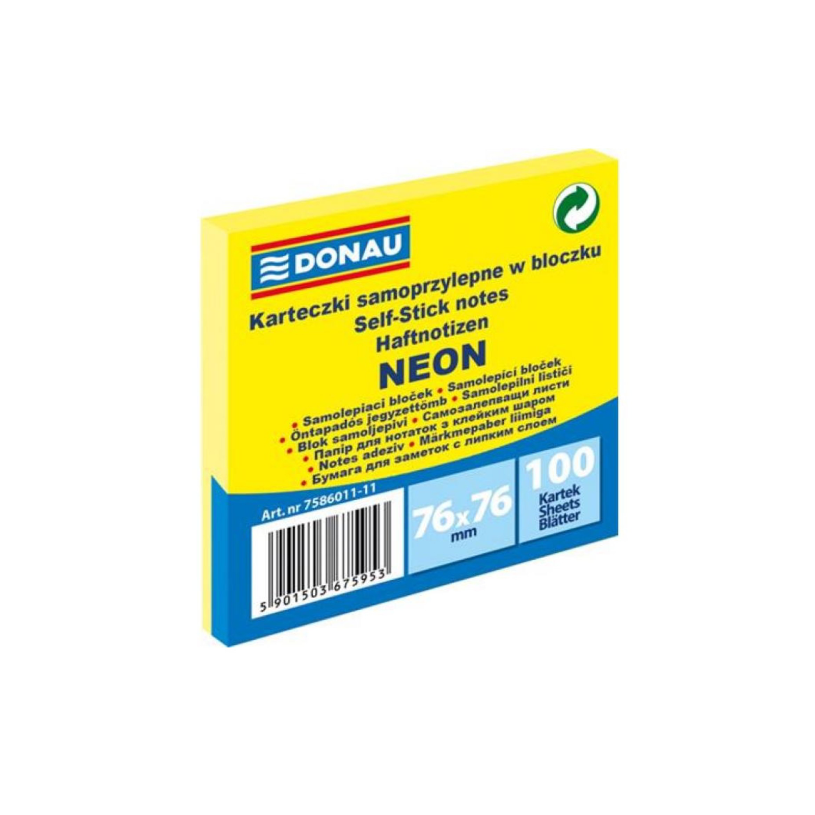 Donau Neon 76 x 76 mm öntapadó jegyzettömb - Sárga (100 lap / tömb) (7586011-11)