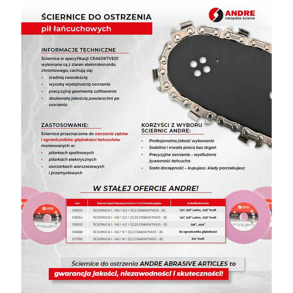 ANDRE ŚCIERNICA DO OSTRZENIA ŁAŃCUCHÓW 145 x 8,0 x 22,2mm CRA60K7VE01 - 35