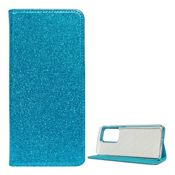 Tok álló, bőr hatású (FLIP, szilikon belső, oldalra nyíló, asztali tartó funkció, bankkártya tartó, csillogó) VILÁGOSKÉK [Samsung Galaxy S20 Ultra 5G (SM-G988B)] (5996457950461)