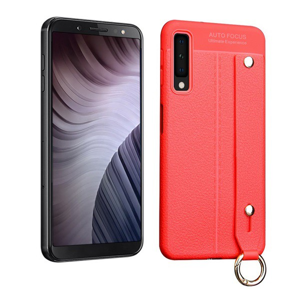 Szilikon telefonvédő (közepesen ütésálló, asztali tartó funkció, bőr hatású, varrás minta + kézpánt) PIROS [Samsung Galaxy A7 (2018) SM-A750F] (5996457825998)