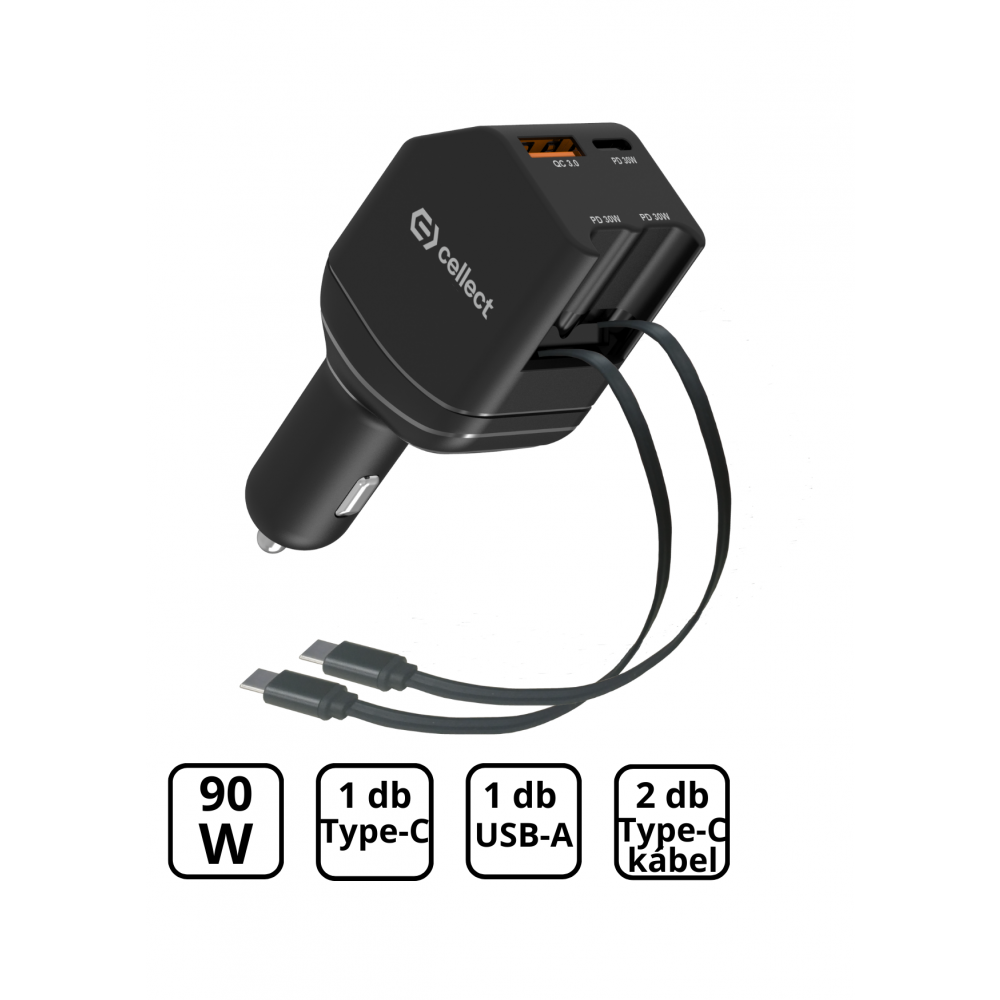 Autós töltő 2 db beépített kábellel gyorstöltéssel 90W,Fekete (MPCB-PD90WC-BK)