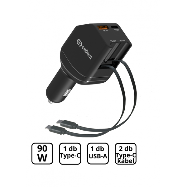 Autós töltő 2 db beépített kábellel gyorstöltéssel 90W,Fekete
