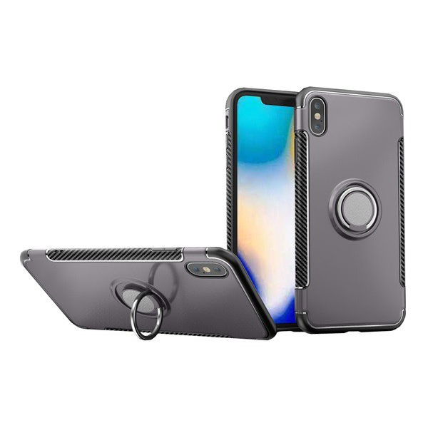 Műanyag telefonvédő (szilikon keret, asztali tartó funkció, telefontartó gyűrű, beépített fémlemez, karbon minta) SZÜRKE [Apple iPhone XS Max 6.5] (5996457811502)