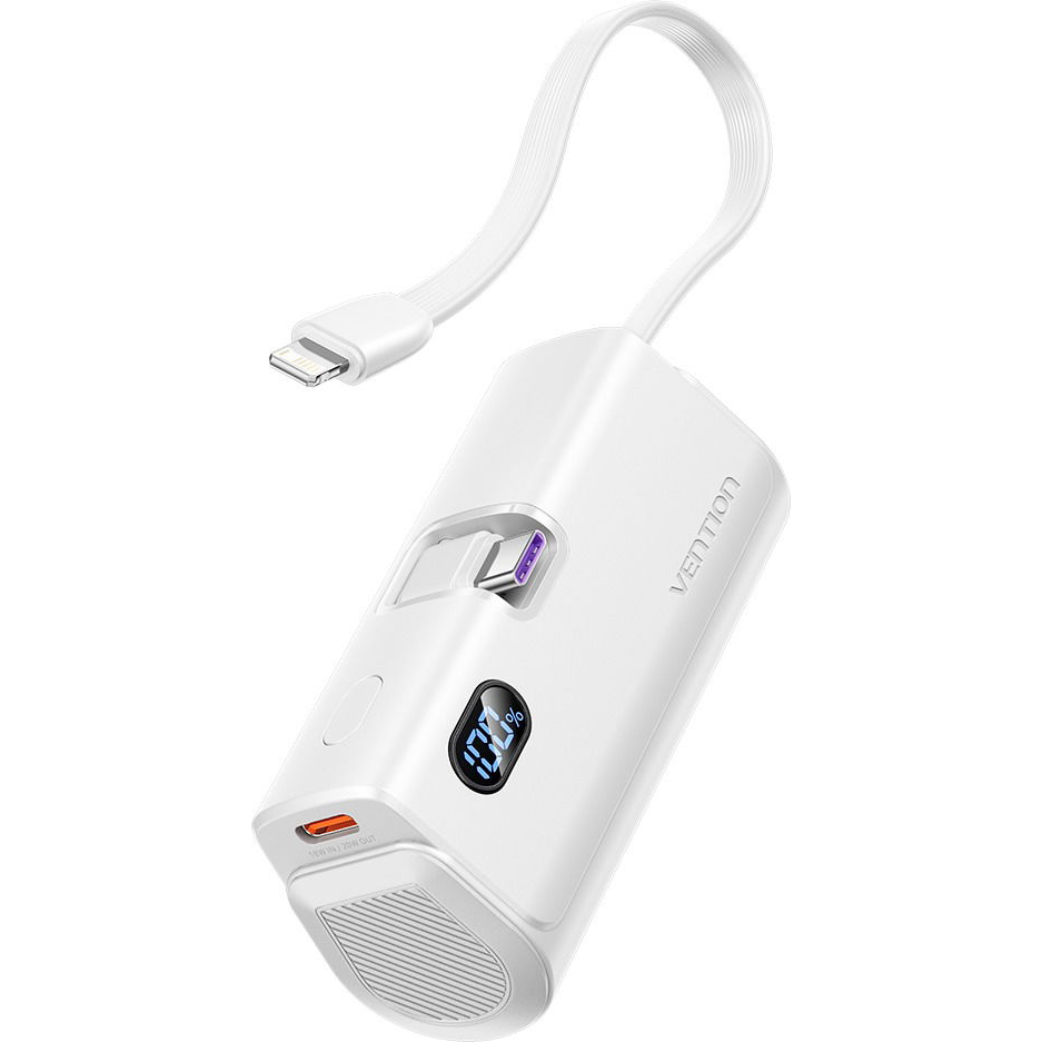 Vention LED Display 4800mAh Power Bank (USB-C + Lightning + USB-C) 22.5W White Foldable USB-C Type (FHQW0)