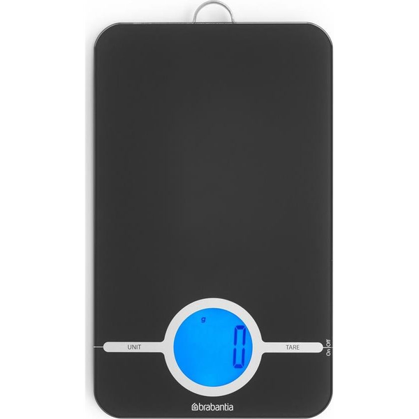 Brabantia Tasty+ Measure & Check digitális konyhai mérleg, 5kg teherbírás, 1g pontosság, megvilágított LCD kijelző, elemes, műanyag test, üveg fedlap, sötétszürke - 122644