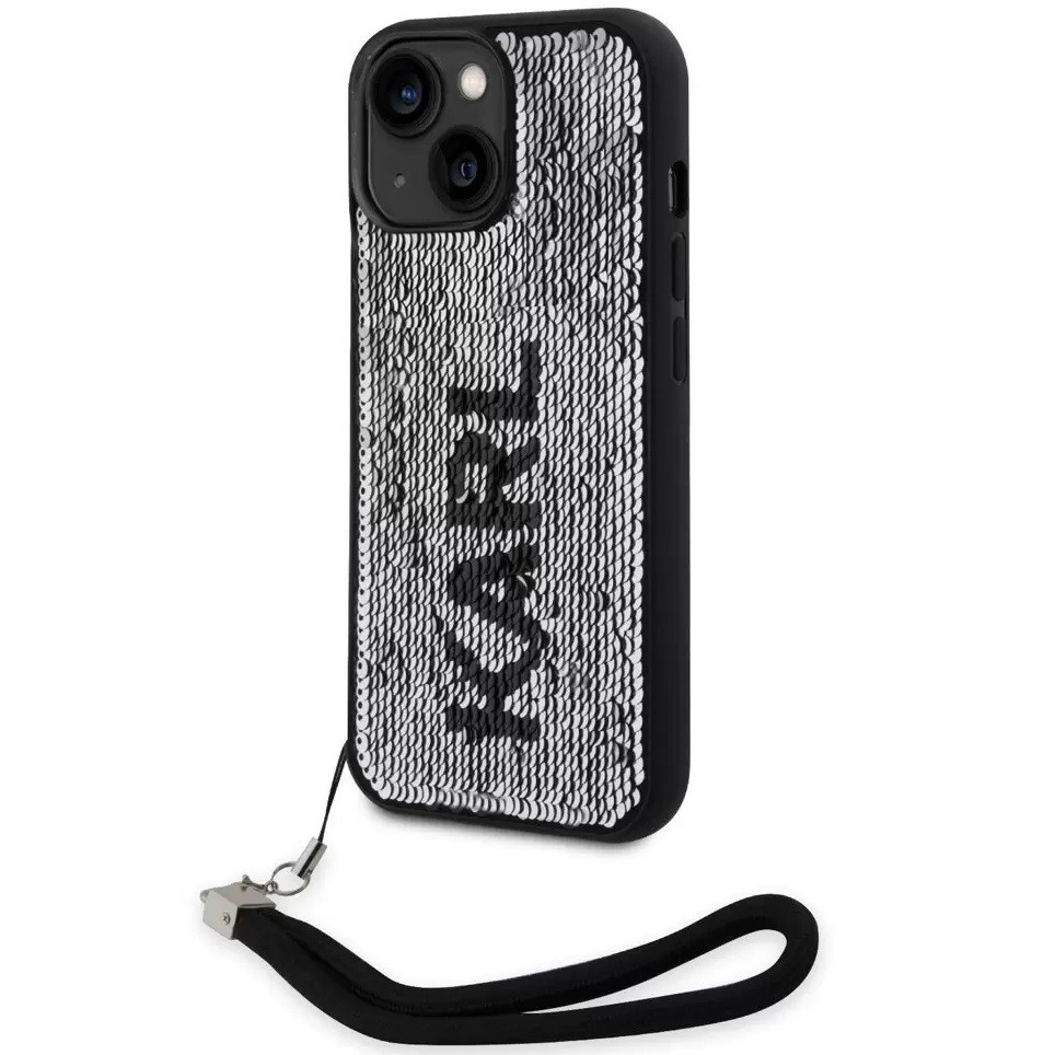 Apple iPhone 14, Műanyag hátlap védőtok + szilikon keret, színváltós hátlap, kézpánttal, Karl minta, Karl Lagerfeld Sequins Reversible, ezüst/fekete (XP128379)