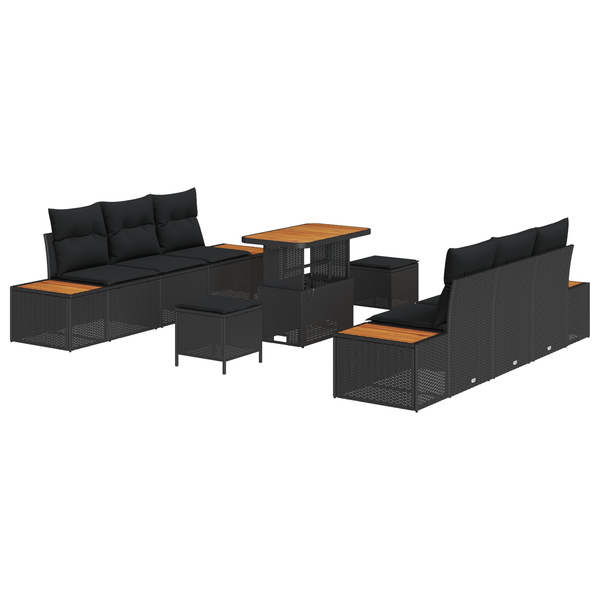 Set Canapea Grădină de 9 Piese cu Perne - Poliratan Negru & Acacia