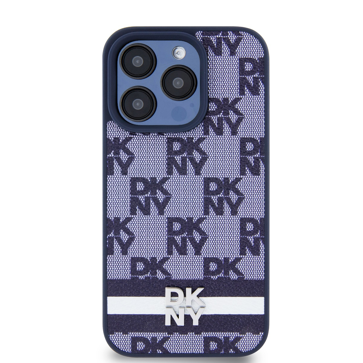 DKNY iPhone 15 Pro kockás mintás csíkkal PU Bőr Telefon tok - Kék (DKHCP15LPCPTSSB)