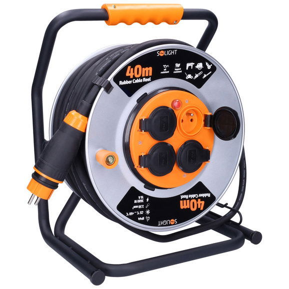 SOLIGHT Kábeldob, fémdobos, 4 aljzat, 40 m, gumi-neoprén kábel, 3×2,5 mm2, IP44 (PB43)