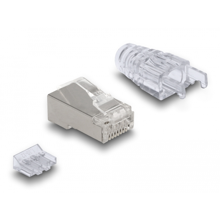 Delock RJ45 Moduláris csatlakozó hajlított kilinccsel Cat.6 és hajlítás védő borítással 50 db (66904) (66904)