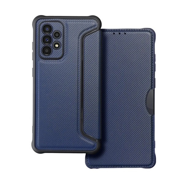 Samsung Galaxy A52 / A52 5G / A52s 5G SM-A525F / A526B / A528B, Oldalra nyíló tok, légpárnás sarok, bőrhatású, karbon minta, Razor Book, kék (RS129189)