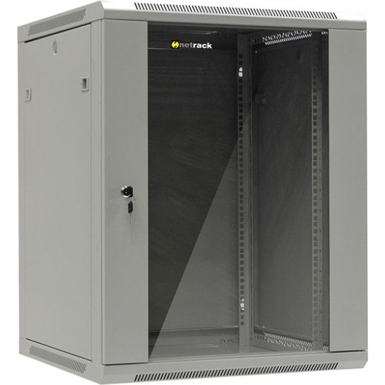 Стенен шкаф със стъклена врата и подвижна страна, Netrack, 15U/600 mm, 19", сив