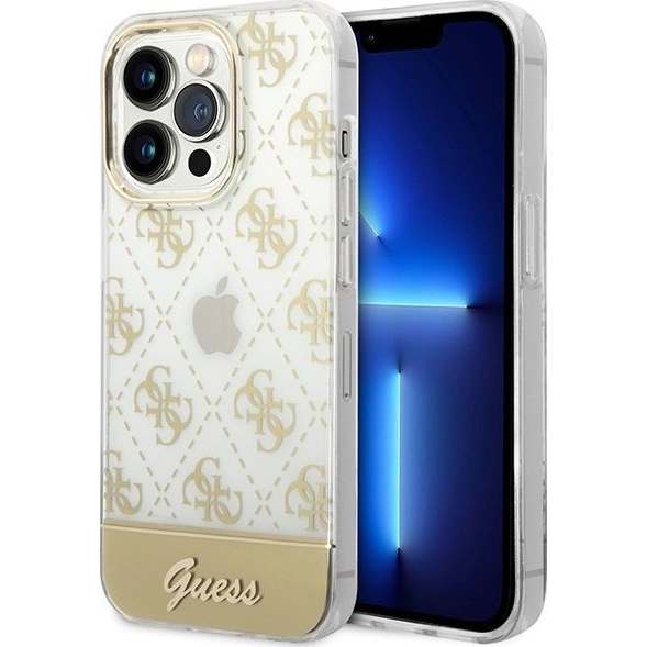 Guess Peony Glitter Script Logo Apple iPhone 14 Pro hátlap tok, arany (GUE1959)