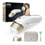 Фотоепилатор IPL Braun Silk-expert PRO 5 PL5052 Автоматичен и непрекъснат сензор Skin pro 2.0, 400 000 импулса, 10 нива на интензитет, 125 импулса в минута, Комплект за пътуване, Самобръсначка Venus, Бял/Златист