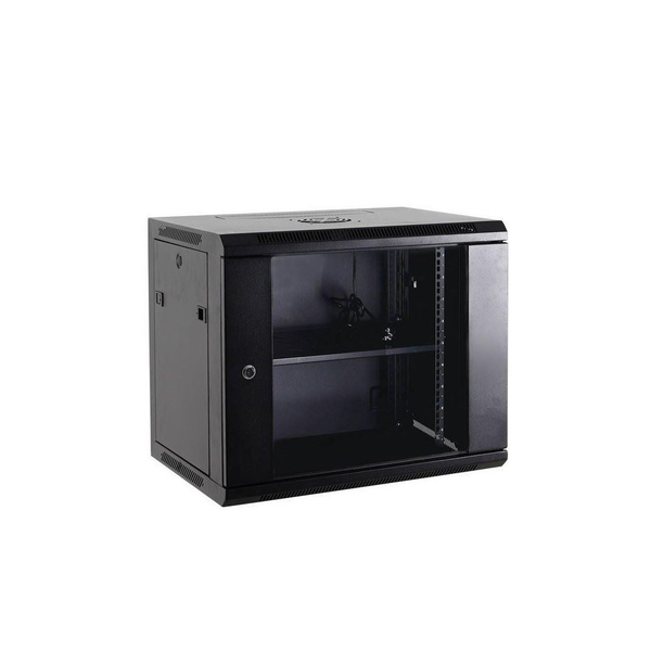 Стенен шкаф със стъклена врата и подвижна страна, Netrack, 15U/600 mm, 19", черен