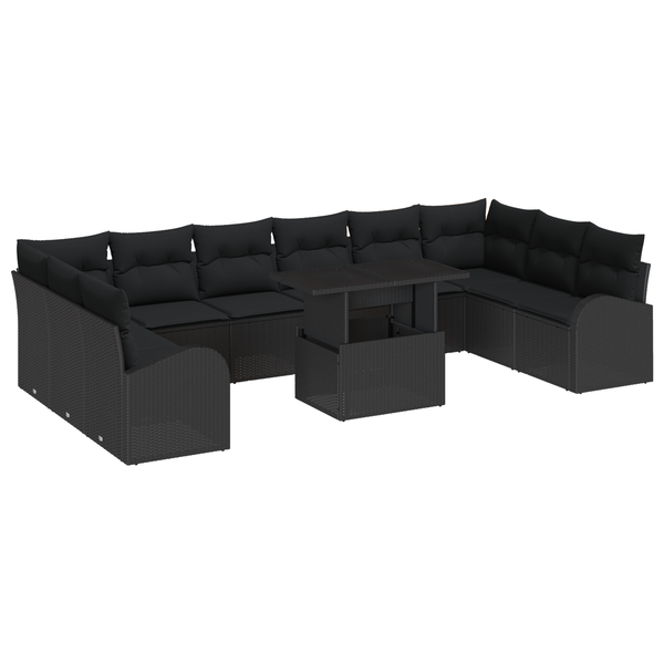 Set de canapele pentru grădină de 11 piese cu perne Ratan Negru Poli