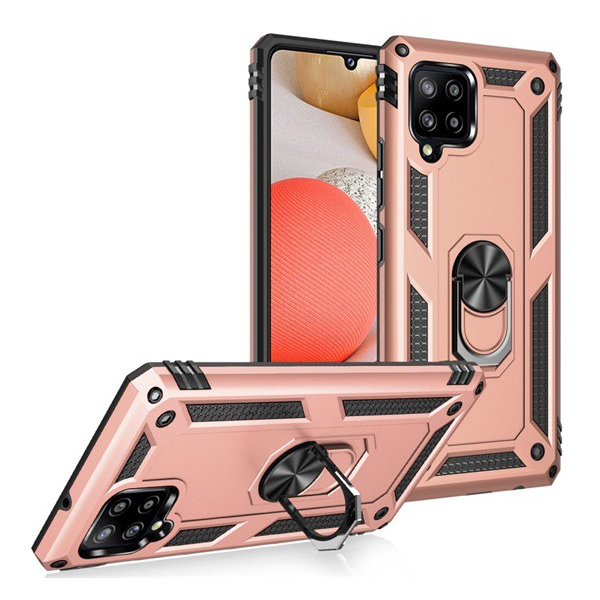 Defender műanyag telefonvédő (közepesen ütésálló, szilikon belső, telefontartó gyűrű, beépített fémlemez) ROZÉARANY [Samsung Galaxy A42 5G (SM-A425F)] (5996591023236)