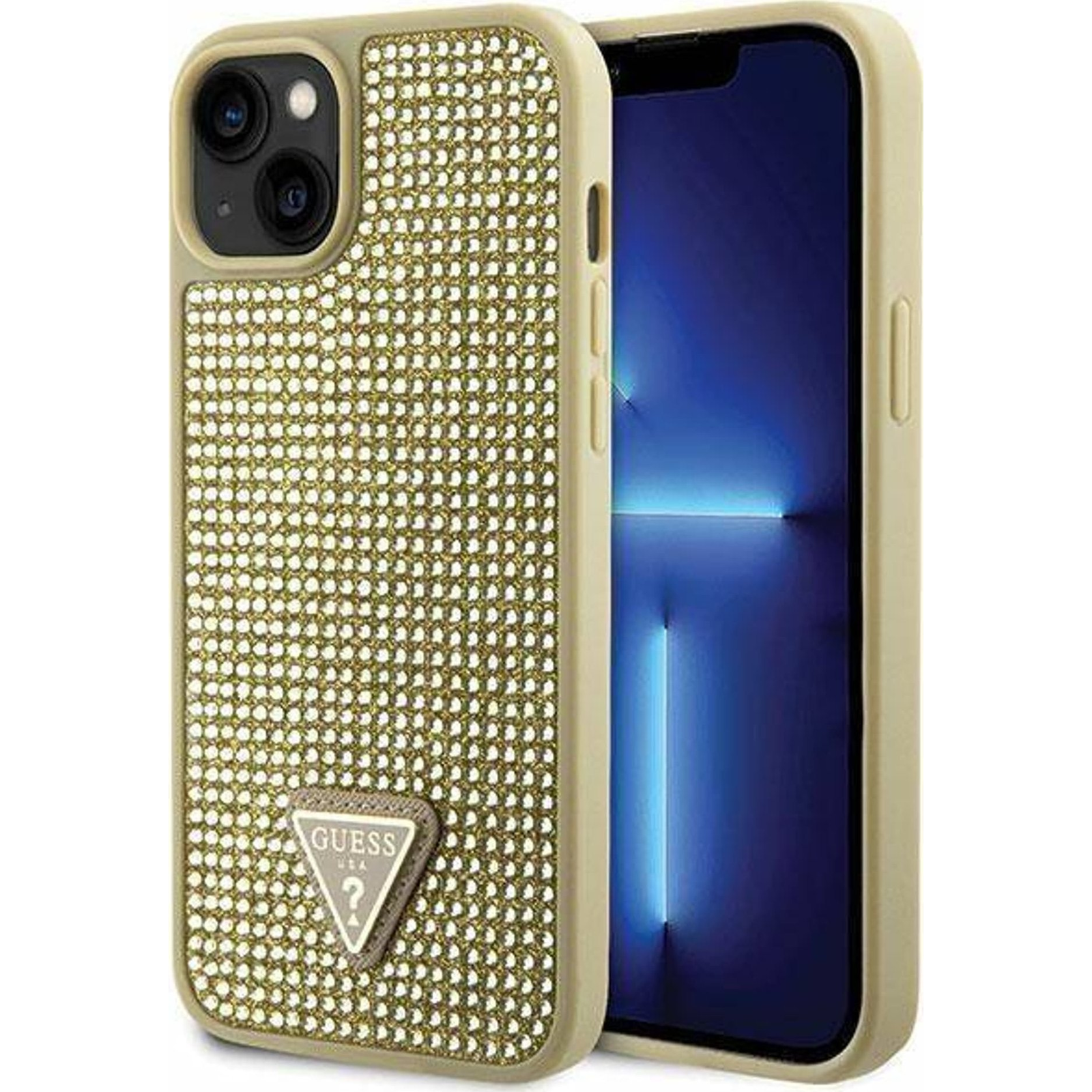 Guess Rhinestones Triangle Metal Logo iPhone 14 aranyszín tok (GUE2596)