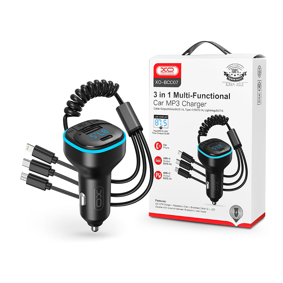 XO Bluetooth FM-transmitter/szivargyújtó töltő - USB + Type-C + MP3/FLAC/APE + Pendrive/TF-kártyaolvasó - XO BCC07 3in1 Car Charger - fekete (XO835478)