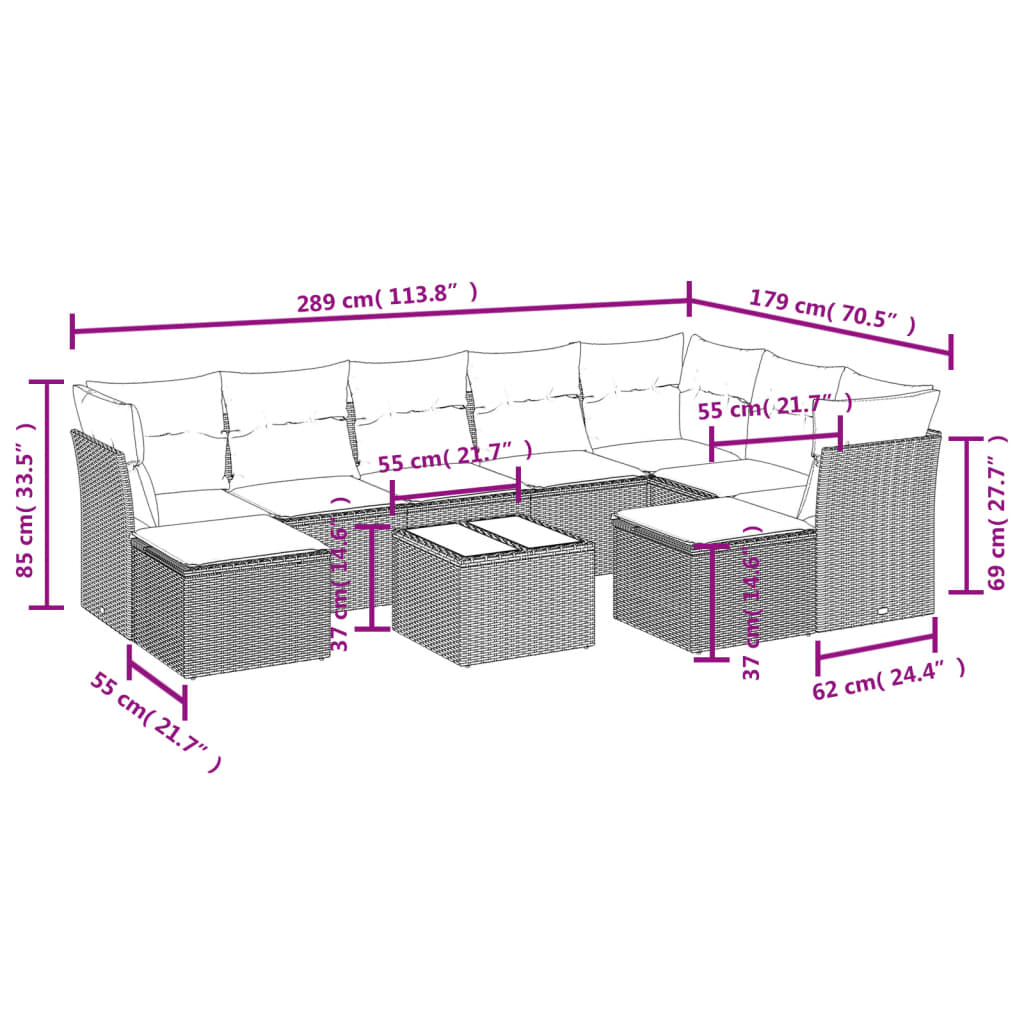 10 részes fekete polyrattan kerti ülőgarnitúra párnákkal (3218575)