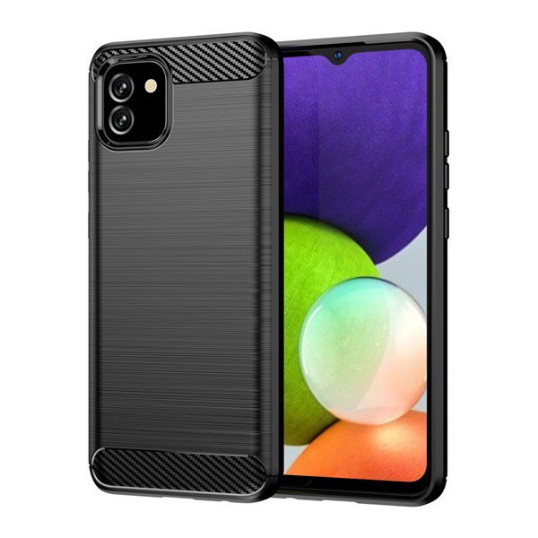 Szilikon telefonvédő (közepesen ütésálló, légpárnás sarok, szálcsiszolt, karbon minta) FEKETE [Samsung Galaxy A03 (SM-A035)] (5996591160023)