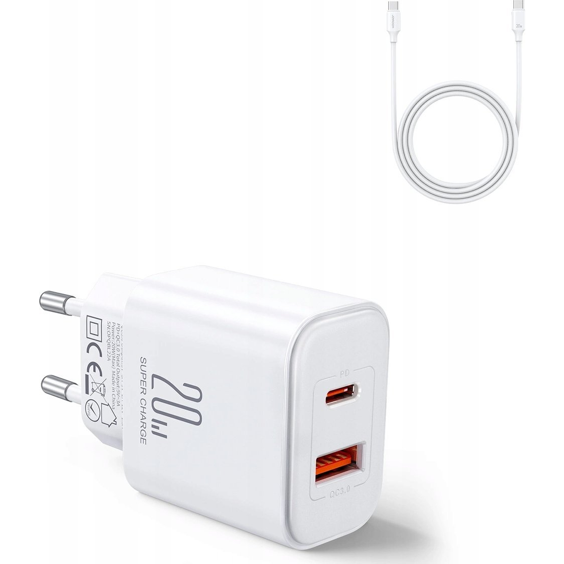 JoyRoom JR-TCF05 USB Type-A / USB Type-C Hálózati töltő + USB Type-C kábel - Fehér (20W) (6941237128782)
