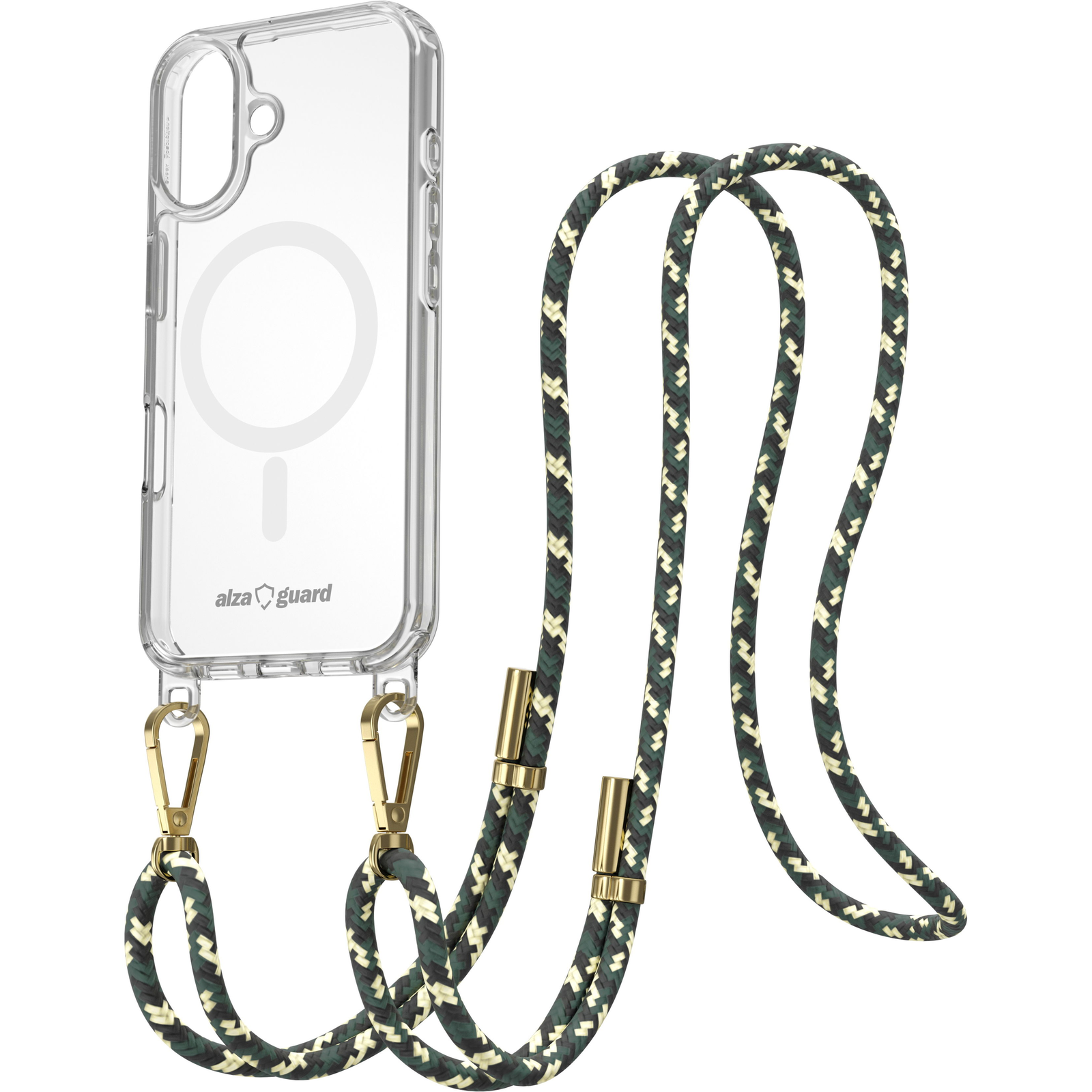 AlzaGuard Luxe Detach Lanyard iPhone 16 MagSafe tok + sárga-zöld zsinór (AGD-PCF000020GY)