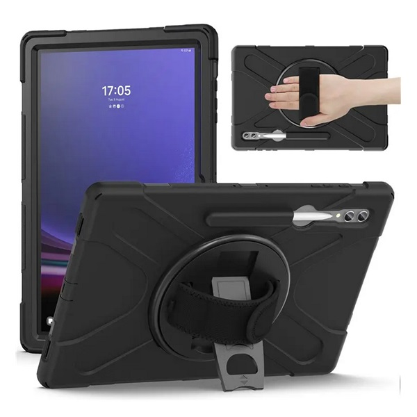 Defender műanyag telefonvédő (ütésállóság, kitámasztó, 360° + kézpánt) FEKETE Samsung Galaxy Tab S9 Ultra WIFI (SM-X910) / Galaxy Tab S9 Ultra LTE (SM-X916) 