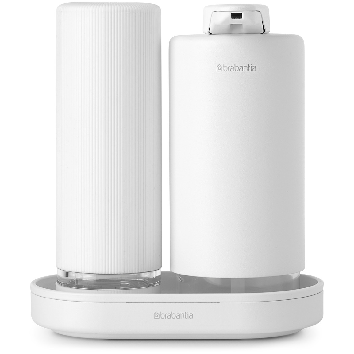 BRABANTIA SinkStyle Soap Dispenser Set szappan- és mosogatószer-adagoló szett 2x200ml. csepptálcával. csepegésmentes. műanyag. acél. szikrázó fehér ásványi textúra - 227967