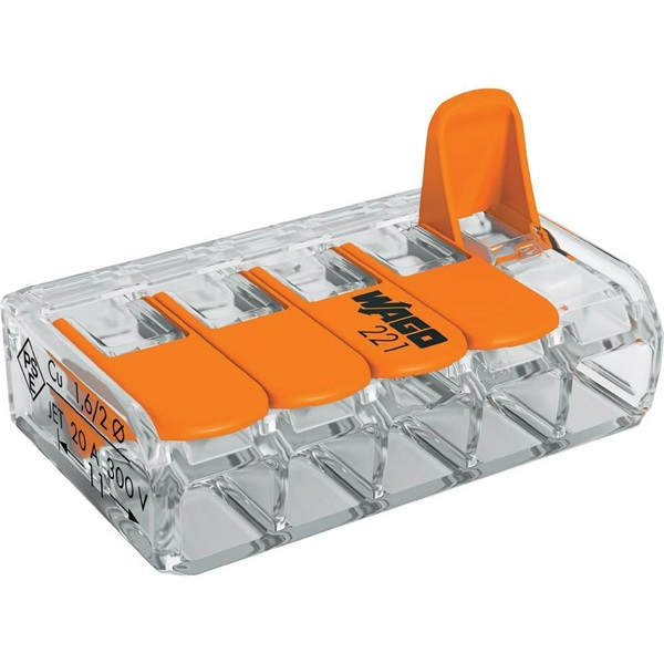 WAGO 221-615 15db/csomag 41A/450V leágazás 5x 0,5-6mm2 átlátszó vezetékösszekötő (221-615)