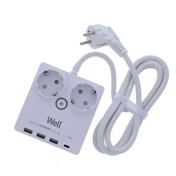 WELL Hálózati elosztó 2-es, 4x USB, 3x USB-A, 1x USB-C, kapcsolóval, 2m, fehér