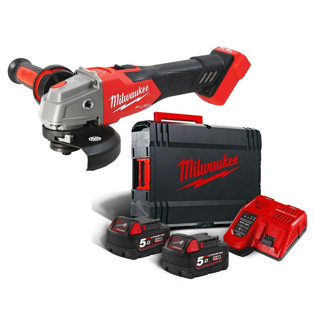 Milwaukee M18FSAG125XB-502X Akkumulátoros Sarokcsiszoló - 18 V, 125 mm, 8500 RPM, Szénkefementes, 2 X 5 Ah Akku + Töltő, Heavy Duty Kofferben (4933478430)