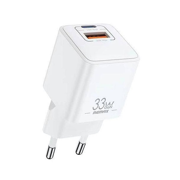 Remax BATT hálózati töltő USB+Type-C aljzat (33W, GaN, PD gyorstöltő) FEHÉR (RP-U26)