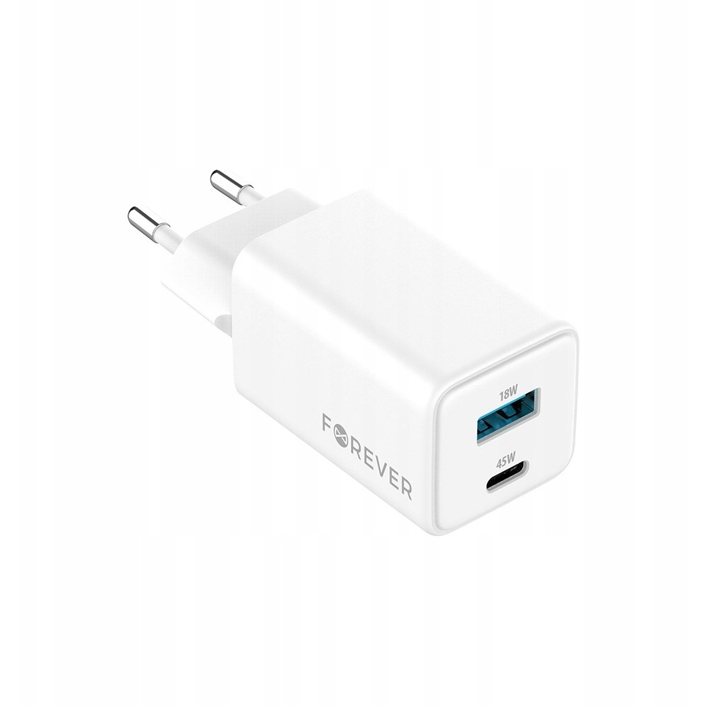 Forever TC-08-45AC Hálózati Töltő 1xUSB-A És 1xUSB-C Csatlakozással GaN PD QC 45W-Fehér (GSM187243)