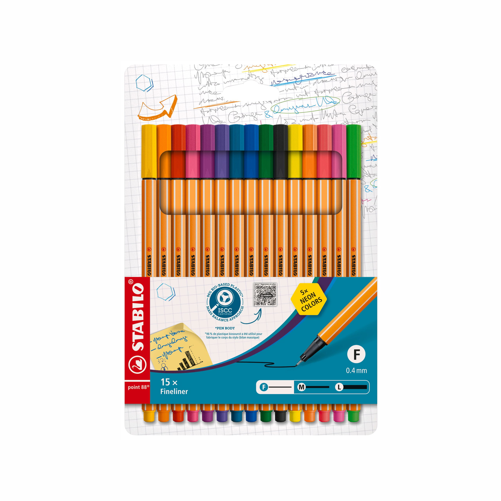 STABILO point 88 15 darab, tokkal, 5 darab neon színnel (4006381438650)