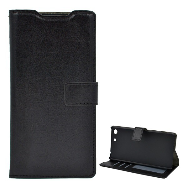 Tok álló, bőr hatású (FLIP, oldalra nyíló, asztali tartó funkció, prémium) FEKETE [Sony Xperia M5 (E5653)] (5996457585991)