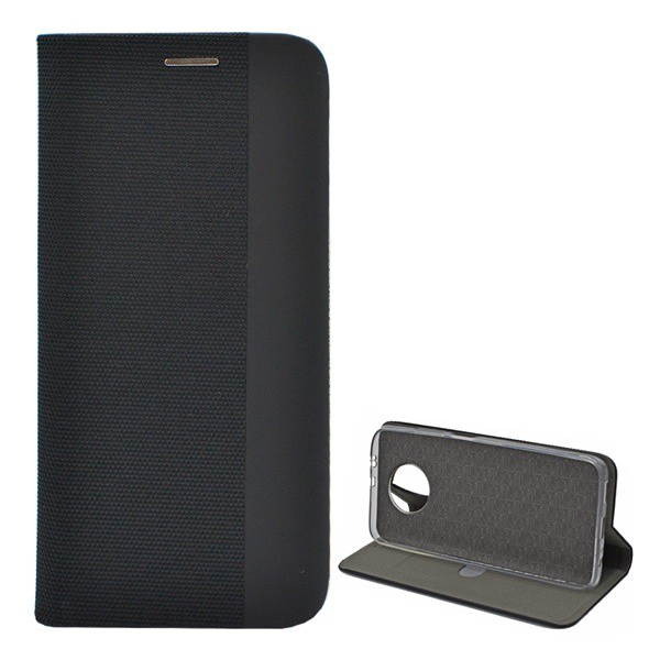 Tok álló, bőr hatású (FLIP, oldalra nyíló, asztali tartó funkció, textil minta) FEKETE [Xiaomi Redmi Note 9T 5G] (5996591089638)