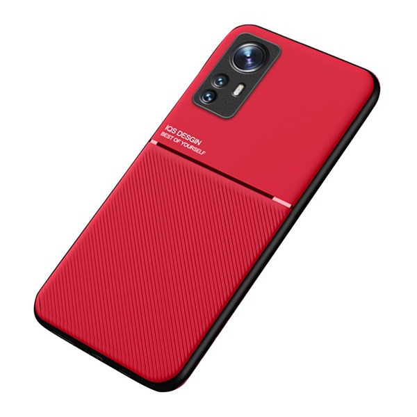 Műanyag telefonvédő (szilikon keret, közepesen ütésálló, beépített fémlemez, bőr hatású hátlap, csíkos minta) PIROS [Xiaomi 12 Pro] (5996591133126)