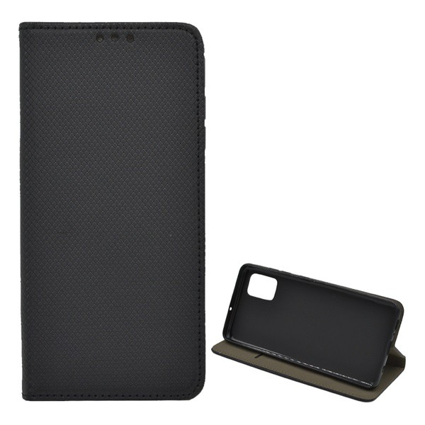 Tok álló, bőr hatású (FLIP, oldalra nyíló, asztali tartó funkció, rombusz minta) FEKETE [Samsung Galaxy A51 (SM-A515F)] (5996457930487)