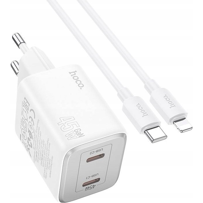 HOCO N42 Hálózati Töltő 2 Type-C Aljzat 45 W, PD Gyorstöltő 3.0 + Lightning Kábel, Fehér ( )