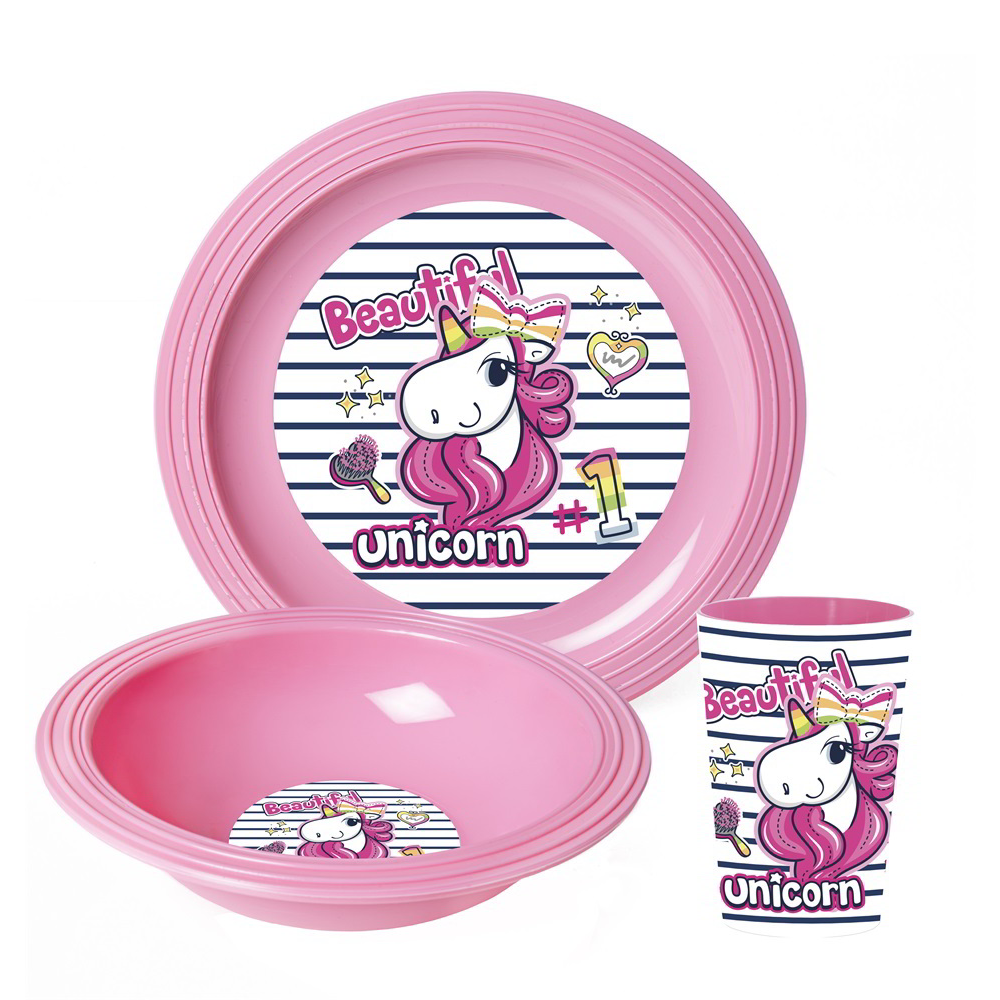 Iris Unikornis Műanyag gyerek reggeliző 3 darabos szett - Rózsaszín mintás (165000-001)