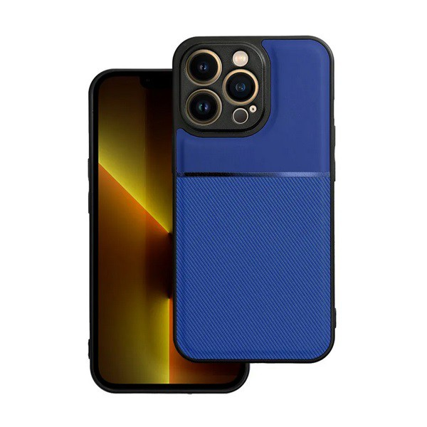 Műanyag telefonvédő (szilikon keret, közepesen ütésálló, beépített fémlemez, bőr hatású hátlap, csíkos minta) SÖTÉTKÉK [Apple iPhone 13 Pro] (5996591151670)