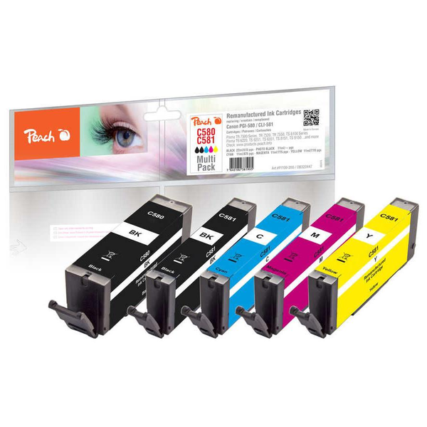 Peach PI100-356 inkoustová náplň 5 kusů Kompatibilní Standardní výtěžnost Černá, Azurová, Purpurová, Žlutá