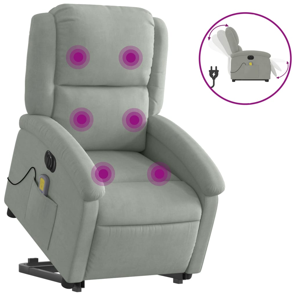 elektromos felállást segítő világosszürke bársony masszázsfotel (3204333)