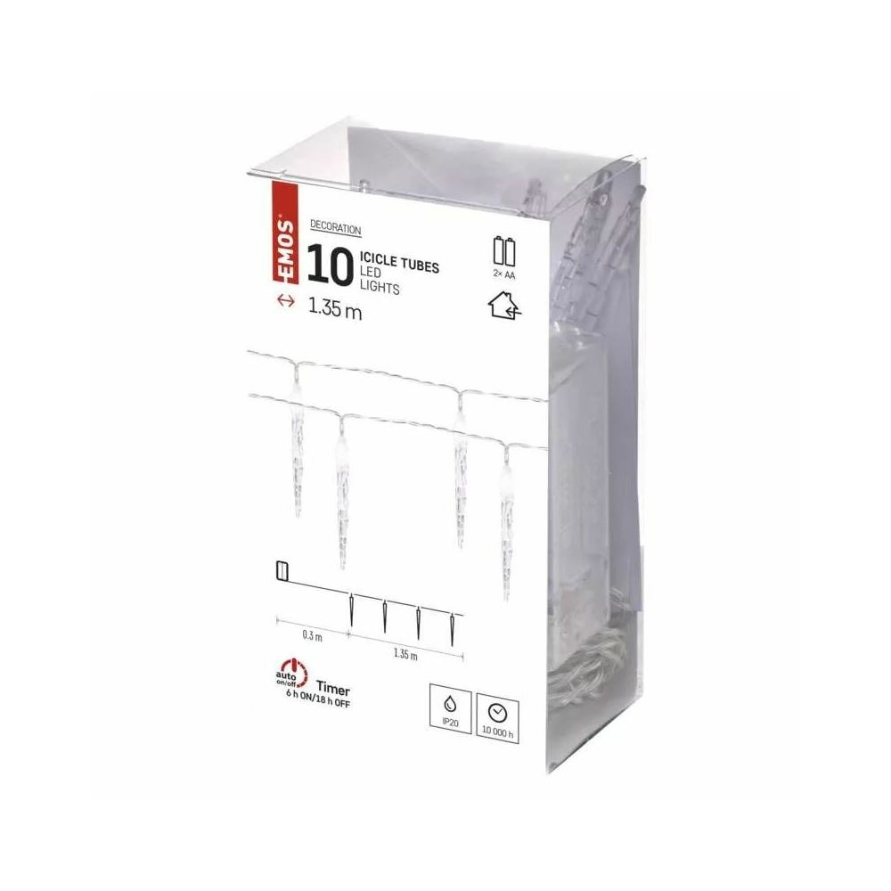 EMOS LED karácsonyi fényfüzér jégcsap 1.35m 2xAA beltéri időzítős hidegfehér (DCGC01) (DCGC01)