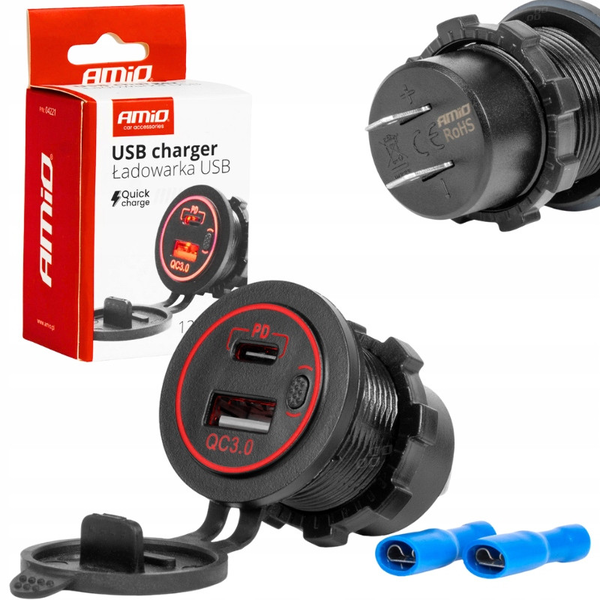 AMiO , Usb és Usb-C Aljzat, Beépíthető, Vízálló, 12/24V (0504221)