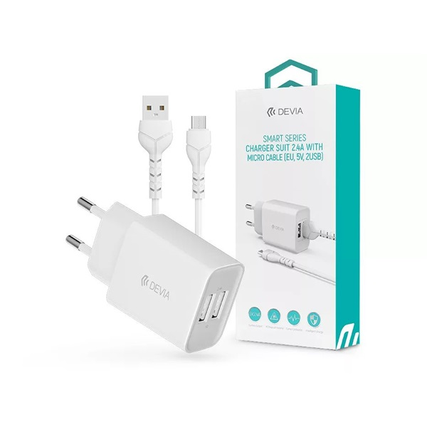 Devia Smart 2xUSB hálózati töltő adapter + USB - micro USB kábel 1 m-es vezetékkel - Devia Smart Series Charger Suit With Micro Cable - 5V/2.4A - fehér (ST364020)