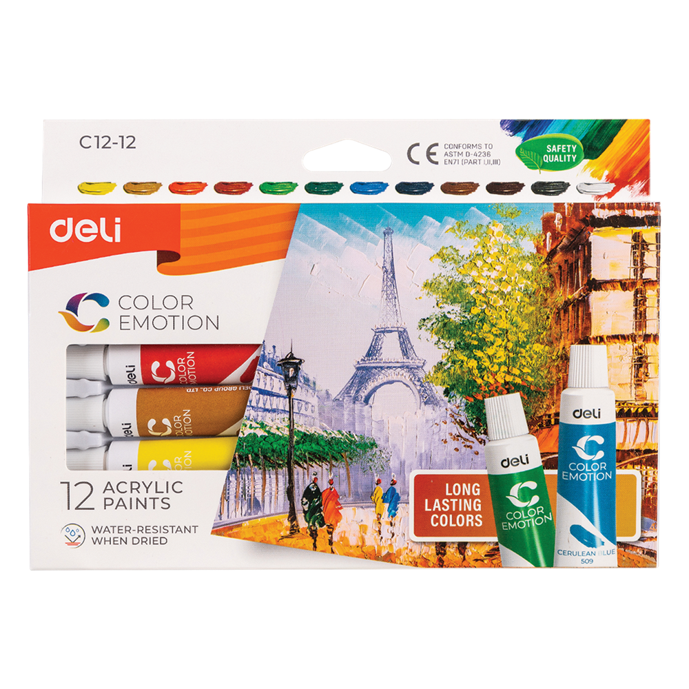 Deli Color Emotion 12ml akrilfesték készlet - 12 színű (DEC12-12)