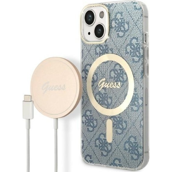 Guess 4G Print MagSafe Apple iPhone 14 hátlap tok, kék+ MagSafe töltő (GUE002556)