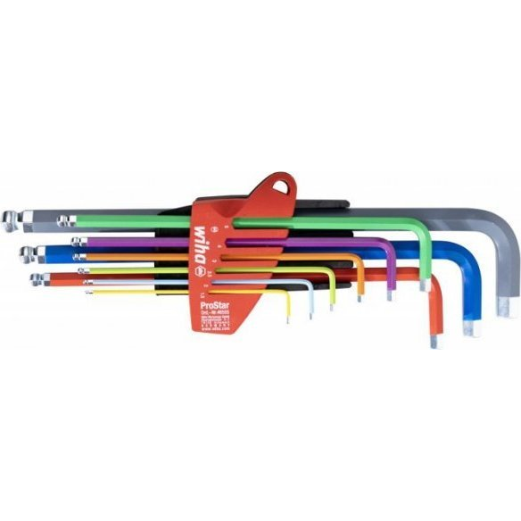 WIHA gömbvégű imbuszkulcs (hatlapú L-kulcs) készlet, színes, UV-fény alatt világít, ProStar tartóban, 9 részes, 1,5-10mm (46555)